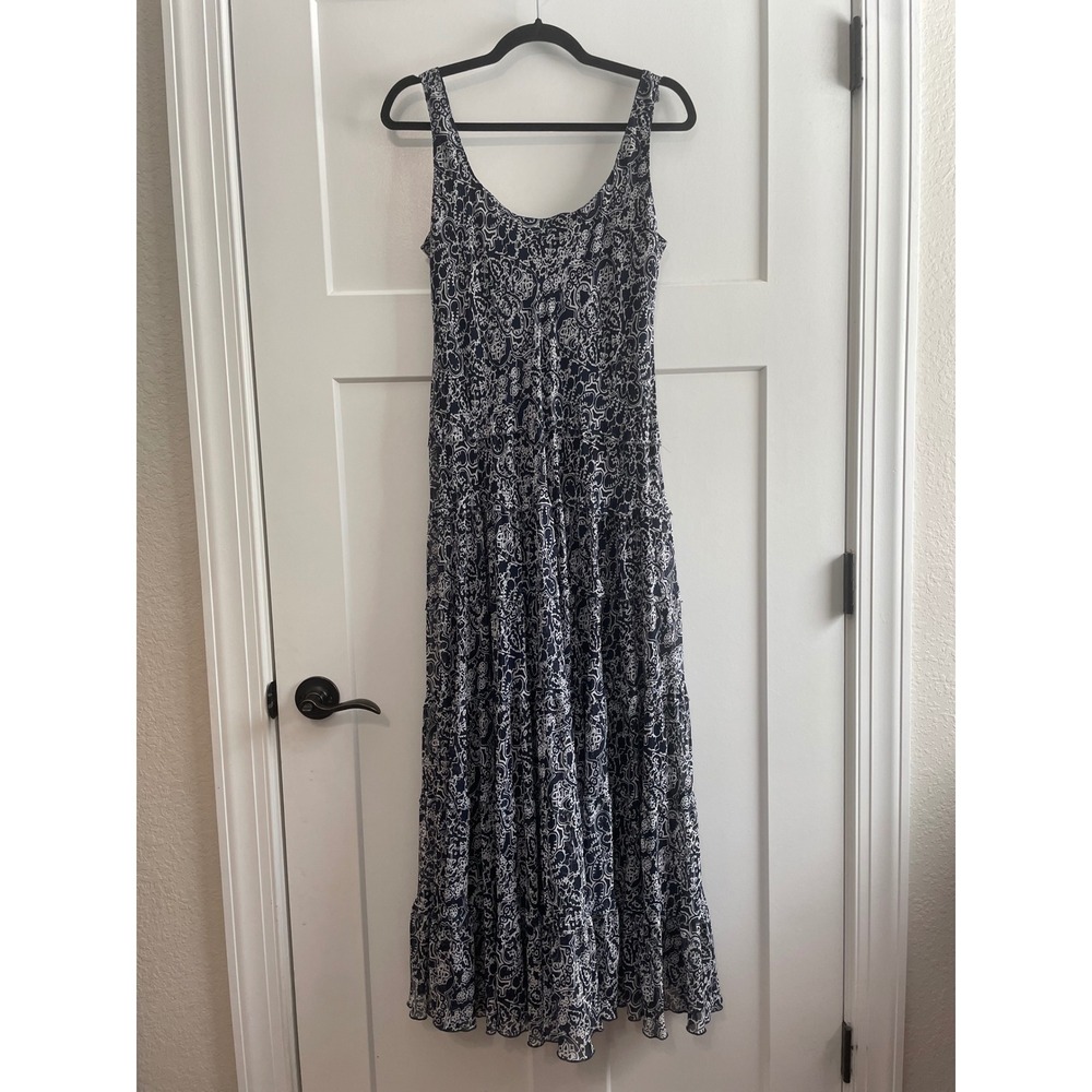 Jones New York Tiered Maxi Dress Navy White Boho Fringe Summer Dress 10 - Picture 7 of 8